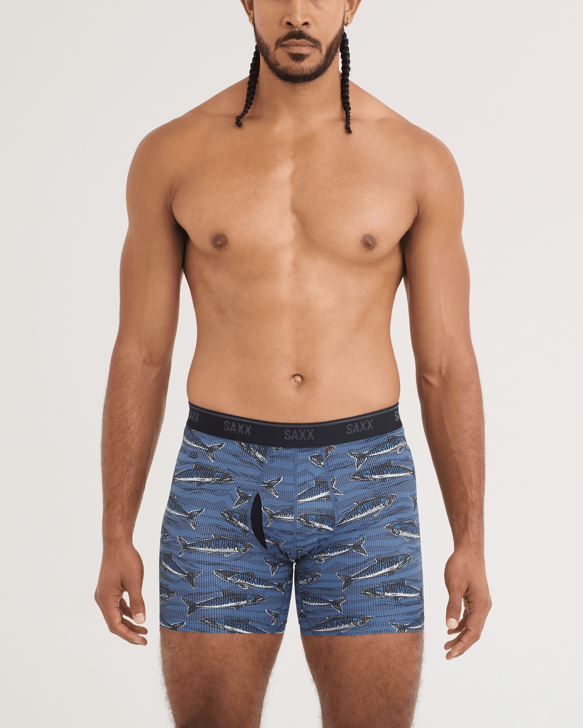 Front - Model wearing Quest Quick-Dry Mesh Boxer Brief in Holy Mackrel-Washed Indigo