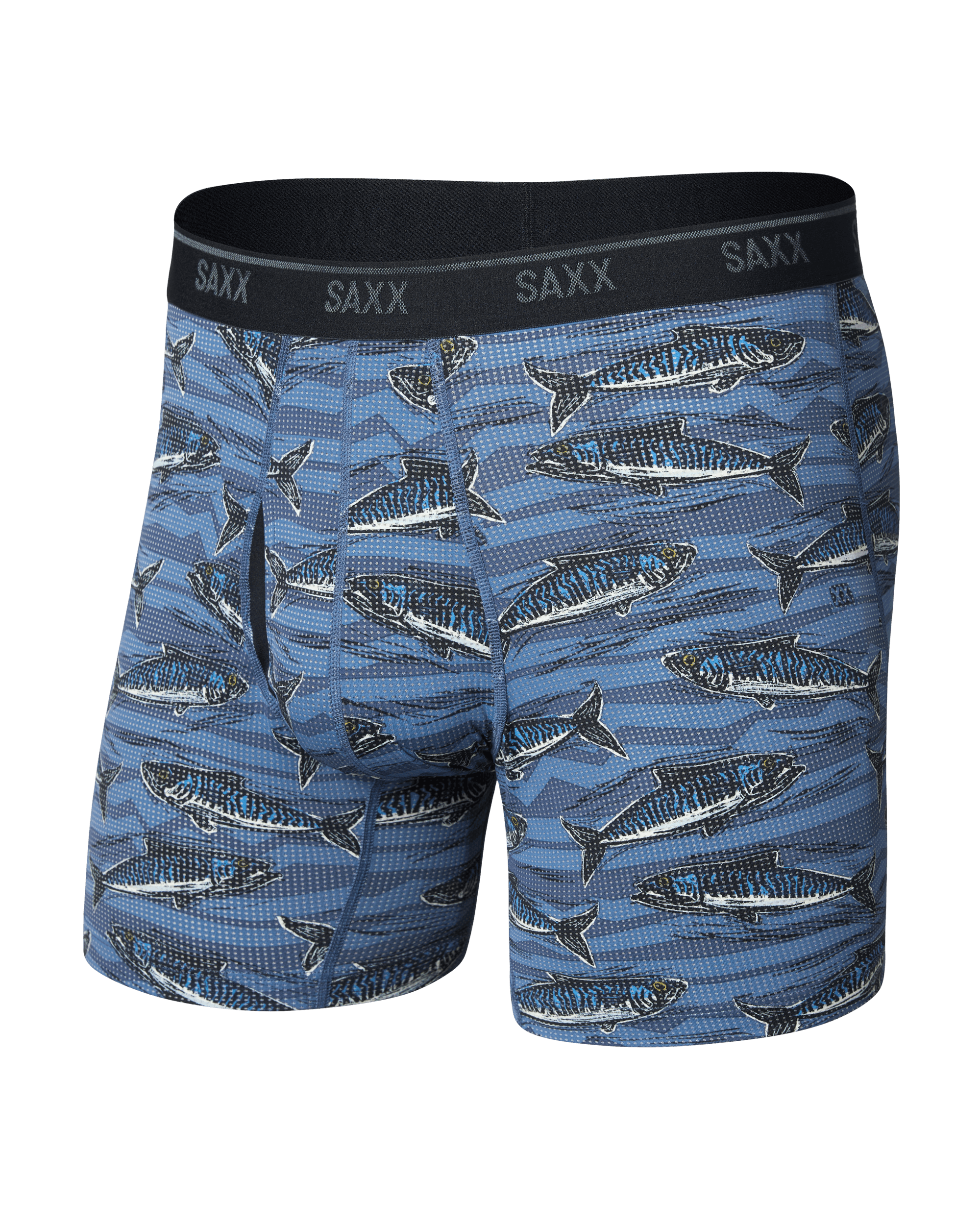 Front of Quest Quick-Dry Mesh Boxer Brief in Holy Mackrel-Washed Indigo
