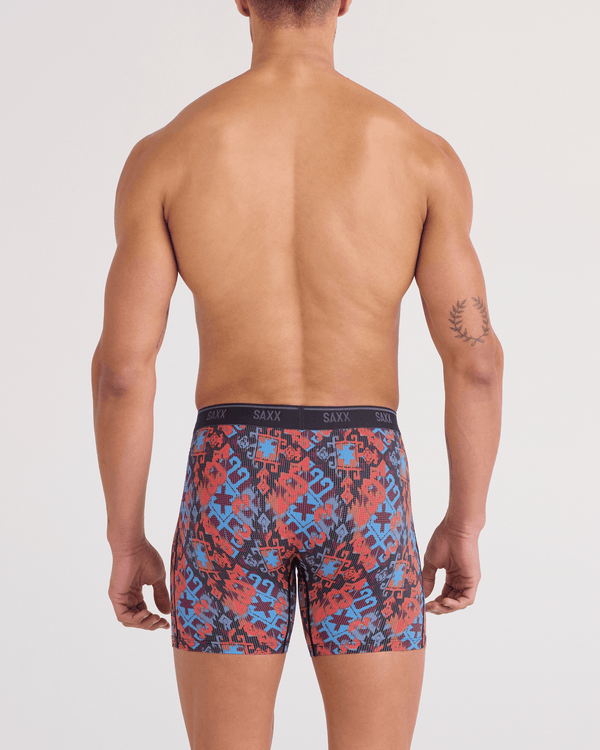 Back - Model wearing  Quest Quick-Dry Mesh Boxer Brief Fly in Heritage Weave-Multi
