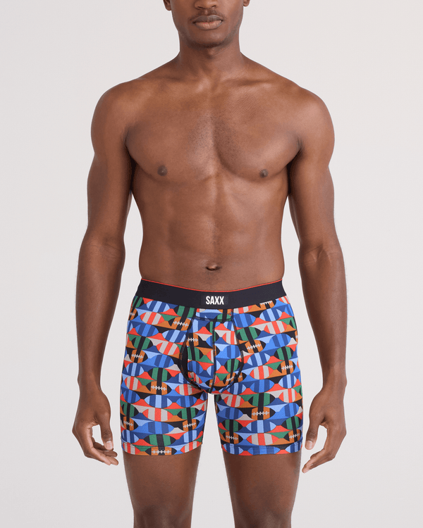 Front - Model wearing  Multi-Sport Mesh Boxer Brief Fly in Gridiron Check-Multi