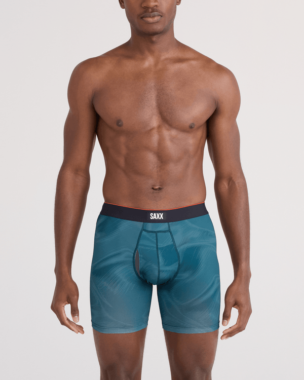 Front - Model wearing  Multi-Sport Mesh Boxer Brief Fly in Platinum Camo-Rich Teal