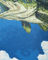 Close-up of a pixelated image of a fish underwater with blue water and white clouds.