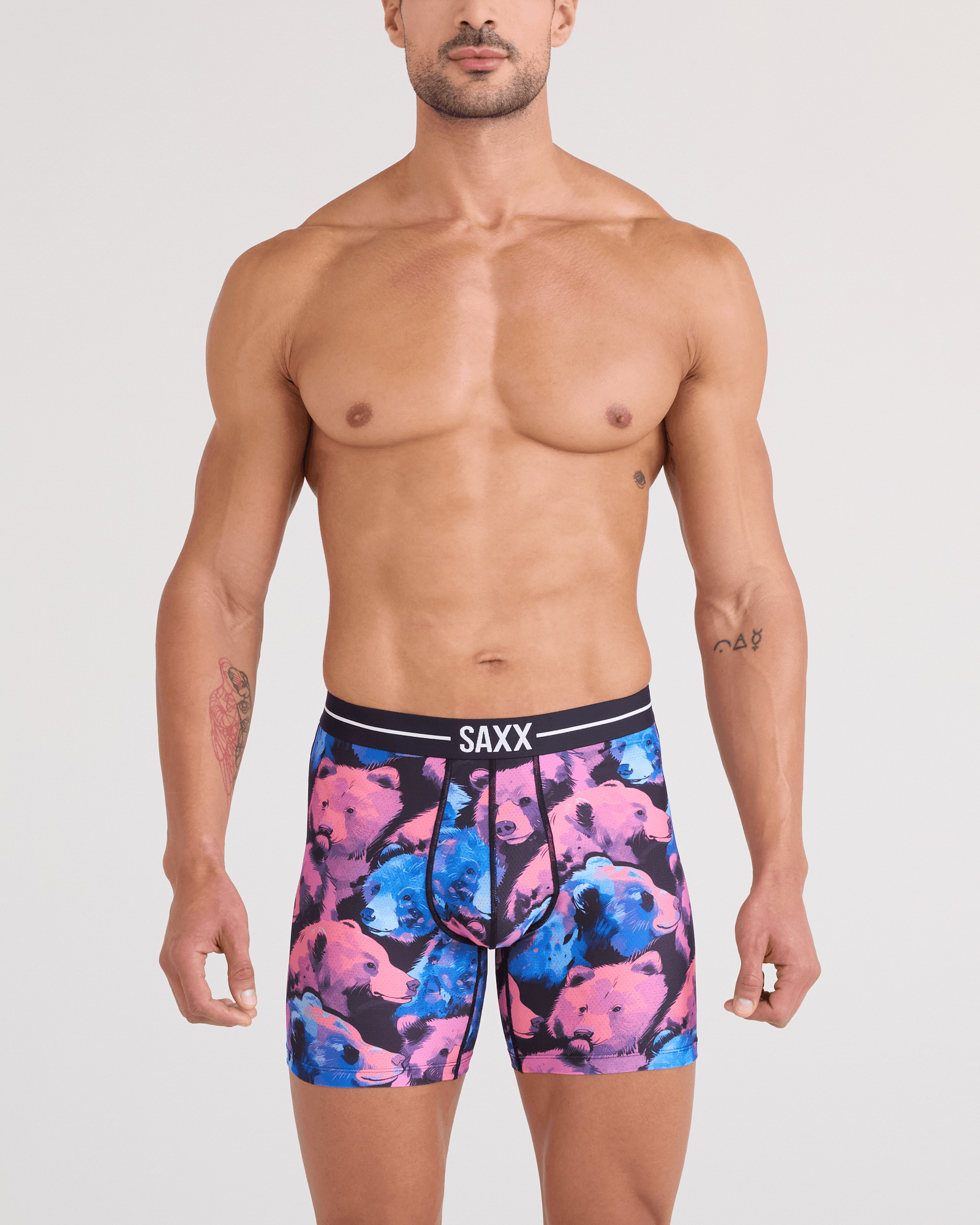 Front - Model wearing  Volt Breathable Mesh Boxer Brief in Beartastic-Multi