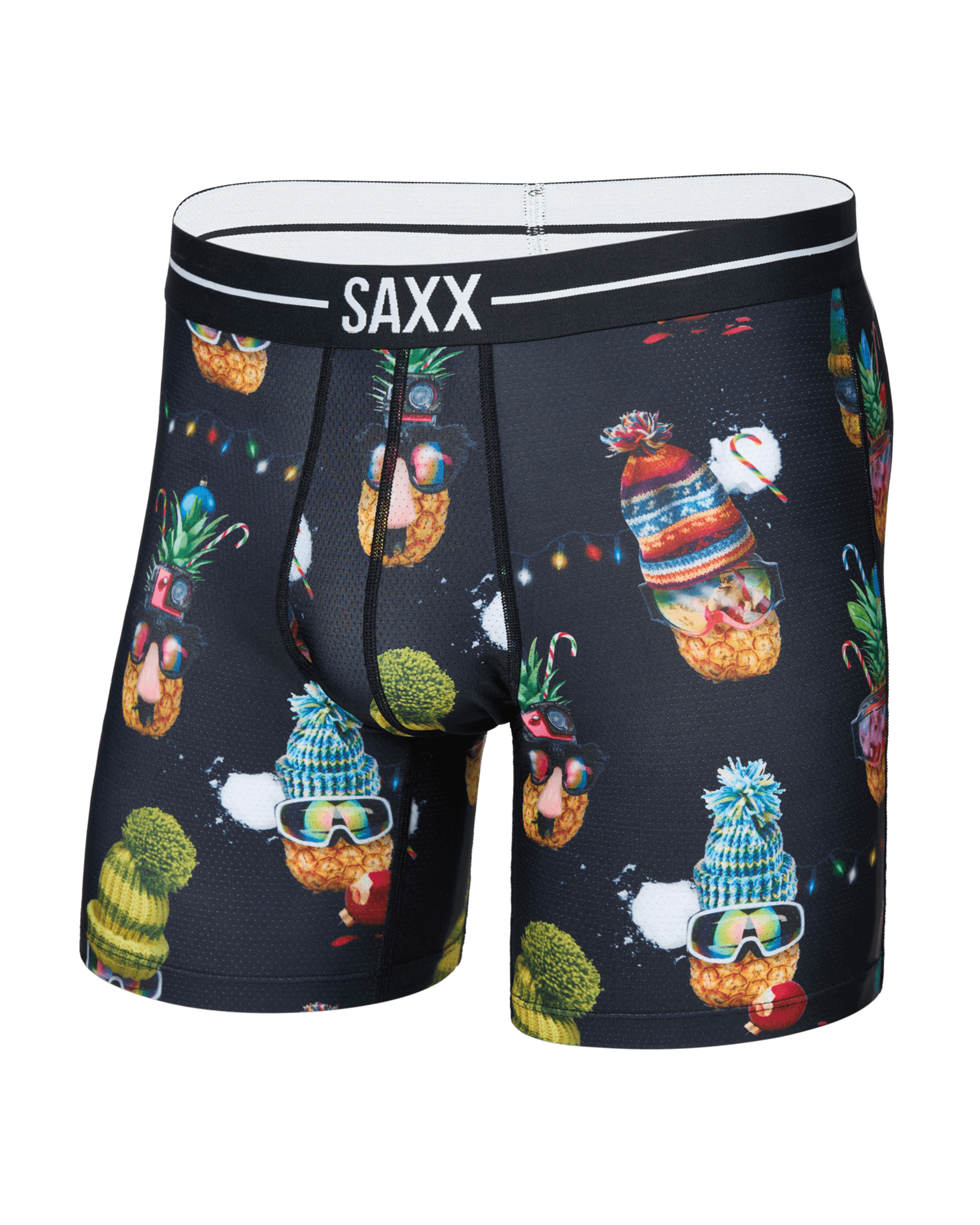 Front of  Volt Breathable Mesh Boxer Brief in Deck The Pineapples-Black