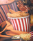 Popcorn bucket with chicken and fries on a striped background
