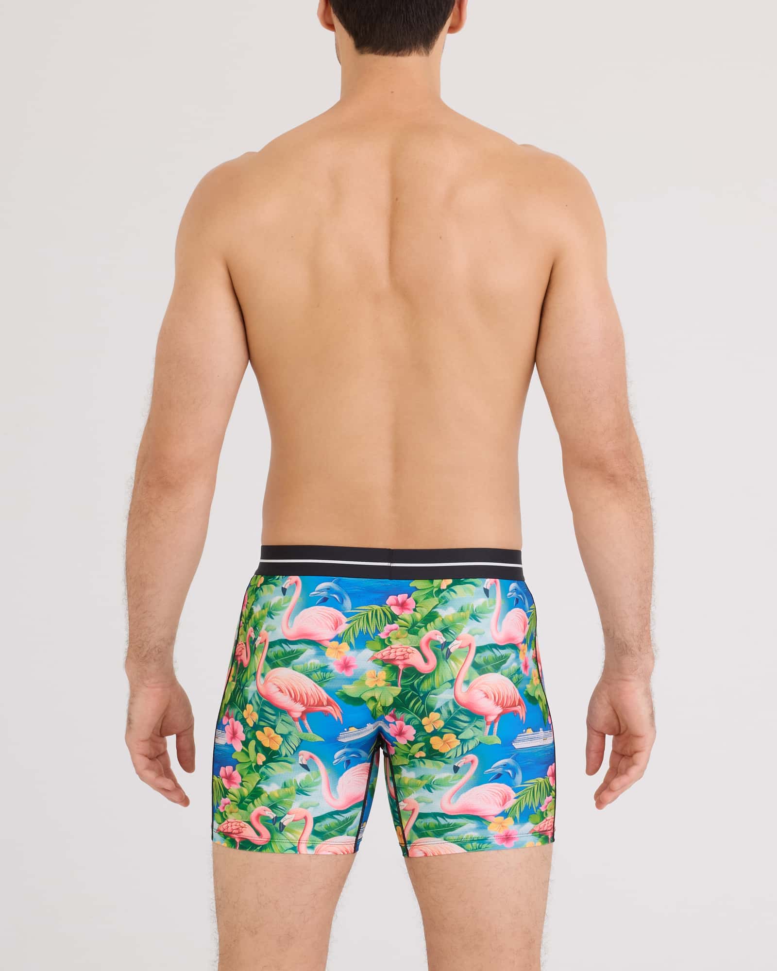 Back - Model wearing Volt Breathable Mesh Boxer Brief in Flamingo Bay-Multi