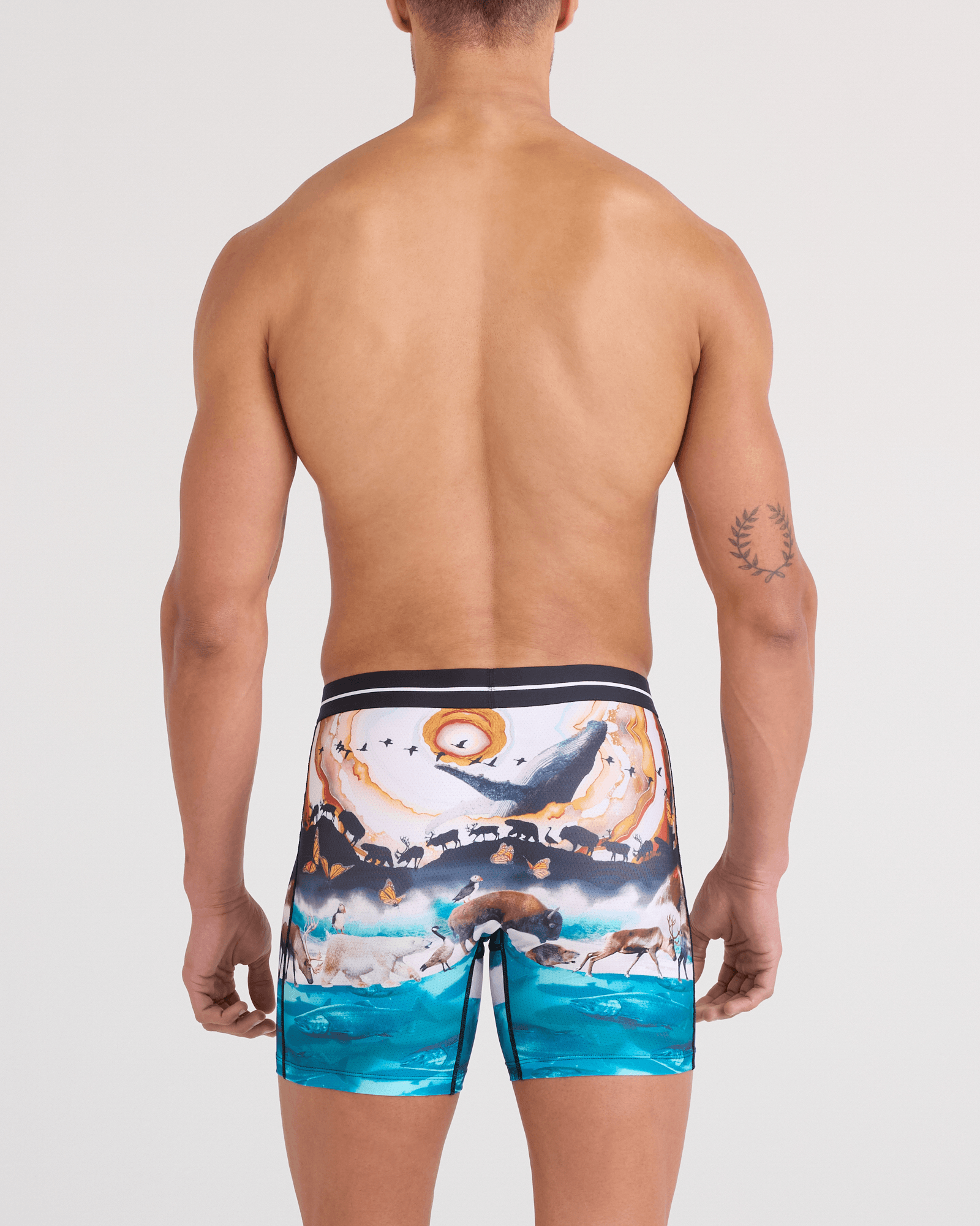 Back - Model wearing  Volt Breathable Mesh Boxer Brief in Great Migration-Multi