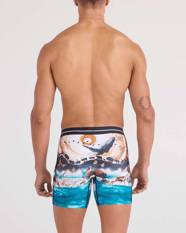 Back - Model wearing  Volt Breathable Mesh Boxer Brief in Great Migration-Multi