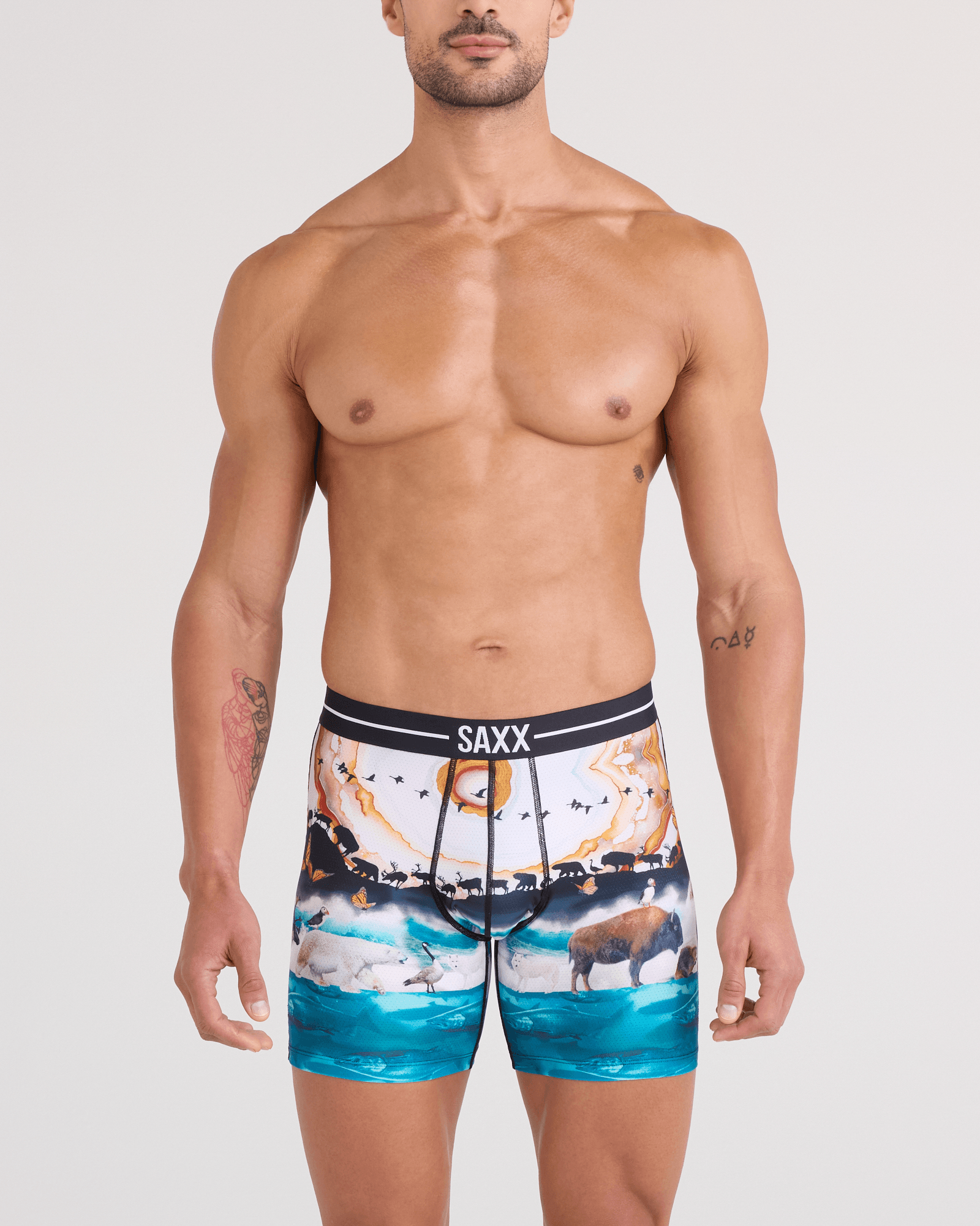 Front - Model wearing  Volt Breathable Mesh Boxer Brief in Great Migration-Multi
