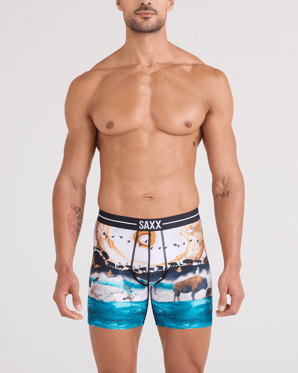 Front - Model wearing  Volt Breathable Mesh Boxer Brief in Great Migration-Multi