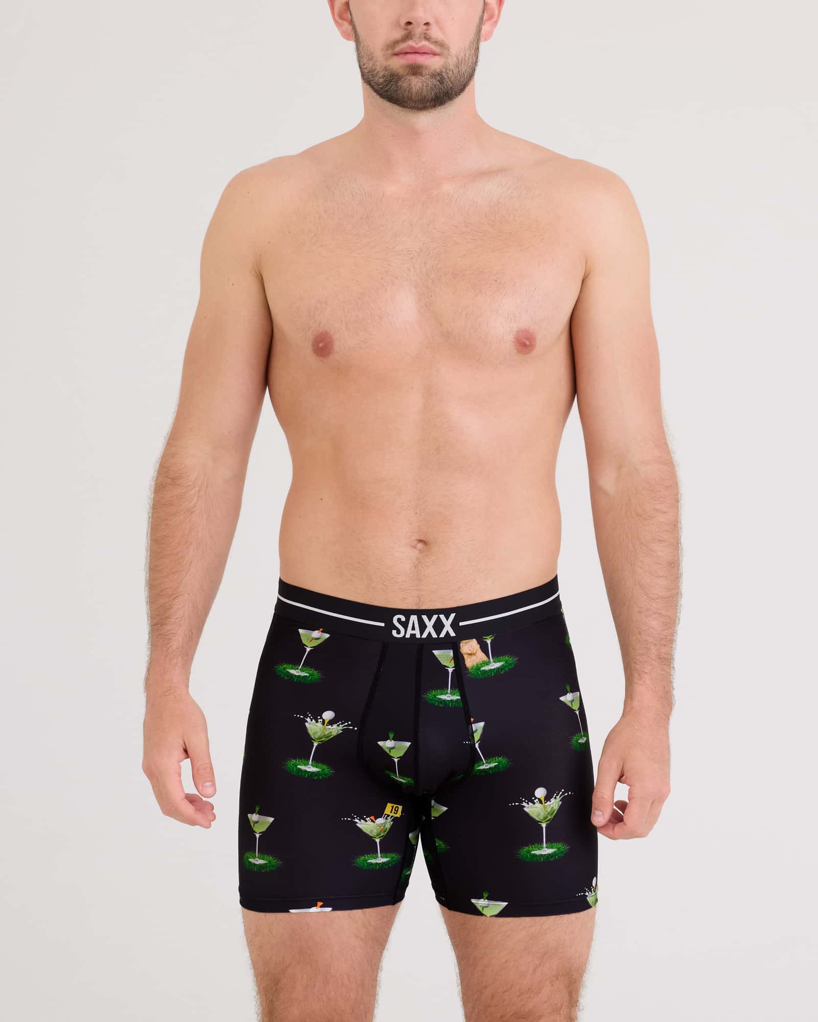 Front - Model wearing Volt Breathable Mesh Boxer Brief in My Handicap-Black