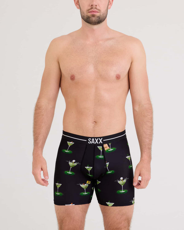 Front - Model wearing Volt Breathable Mesh Boxer Brief in My Handicap-Black