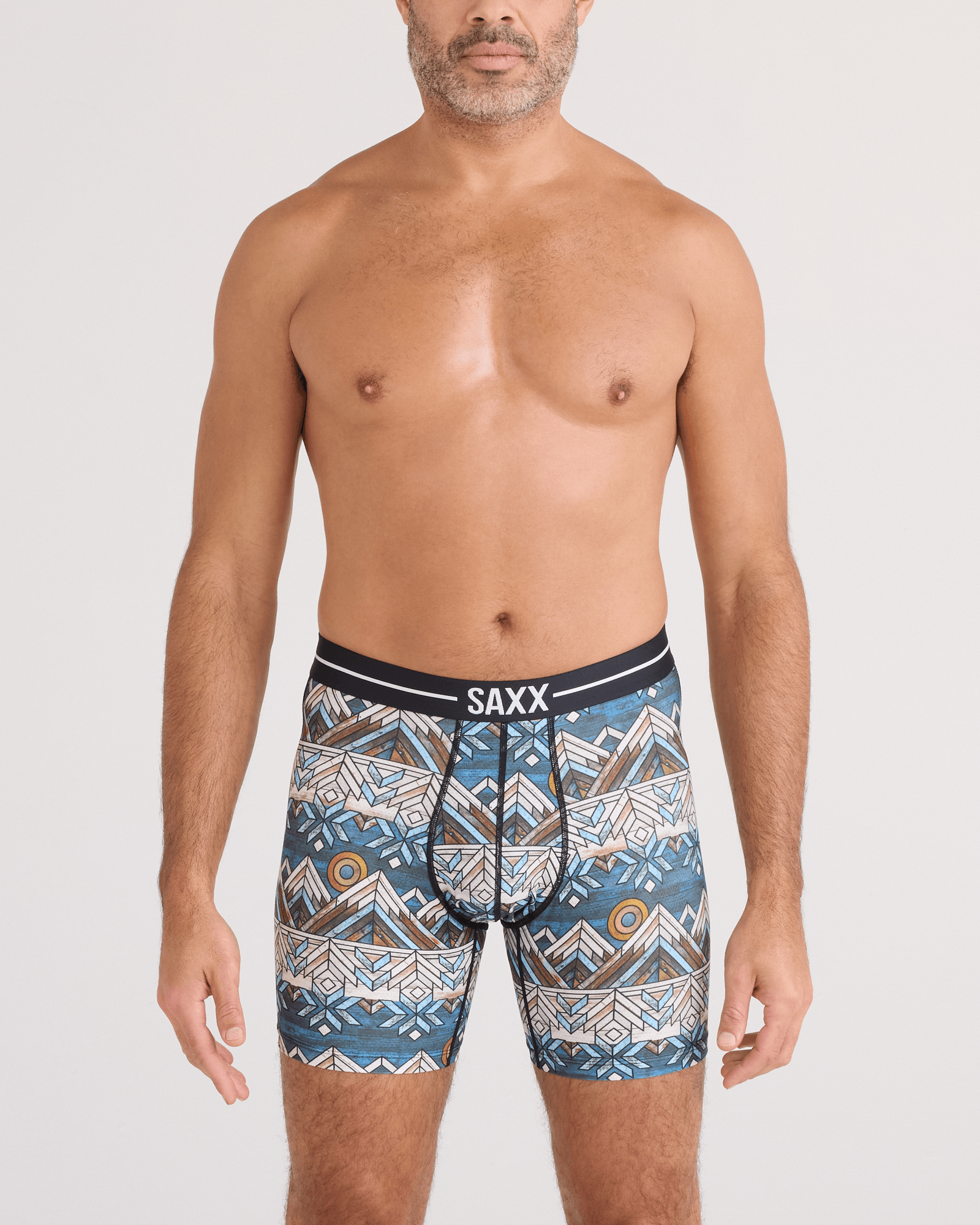 Front - Model wearing  Volt Breathable Mesh Boxer Brief in Timberline-Multi