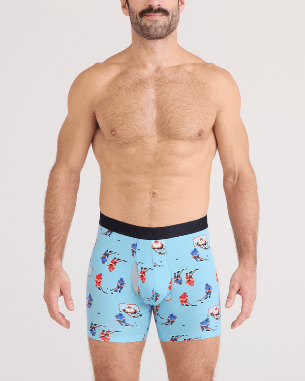 Front - Model wearing  DropTemp Cooling Cotton Boxer Brief Fly in Action On Ice-Blue Tide