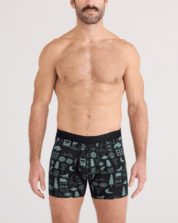 Front - Model wearing  DropTemp Cooling Cotton Boxer Brief Fly in Camp Stamps-Black