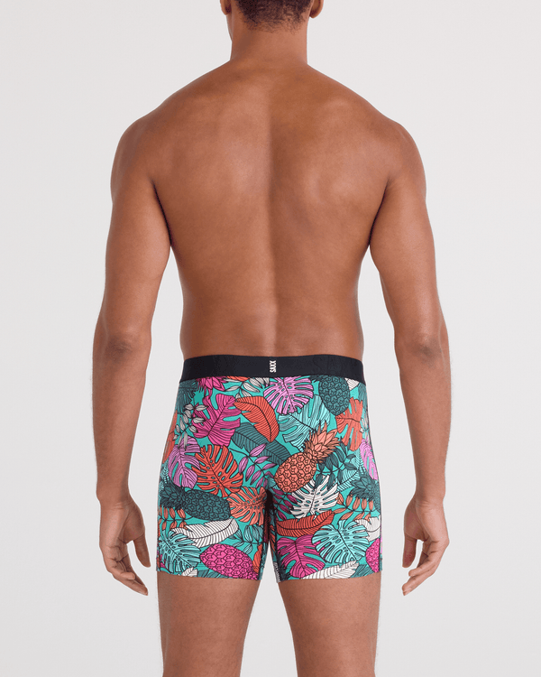 Back - Model wearing  DropTemp Cooling Cotton Boxer Brief Fly in Fruity Palm-Aqua