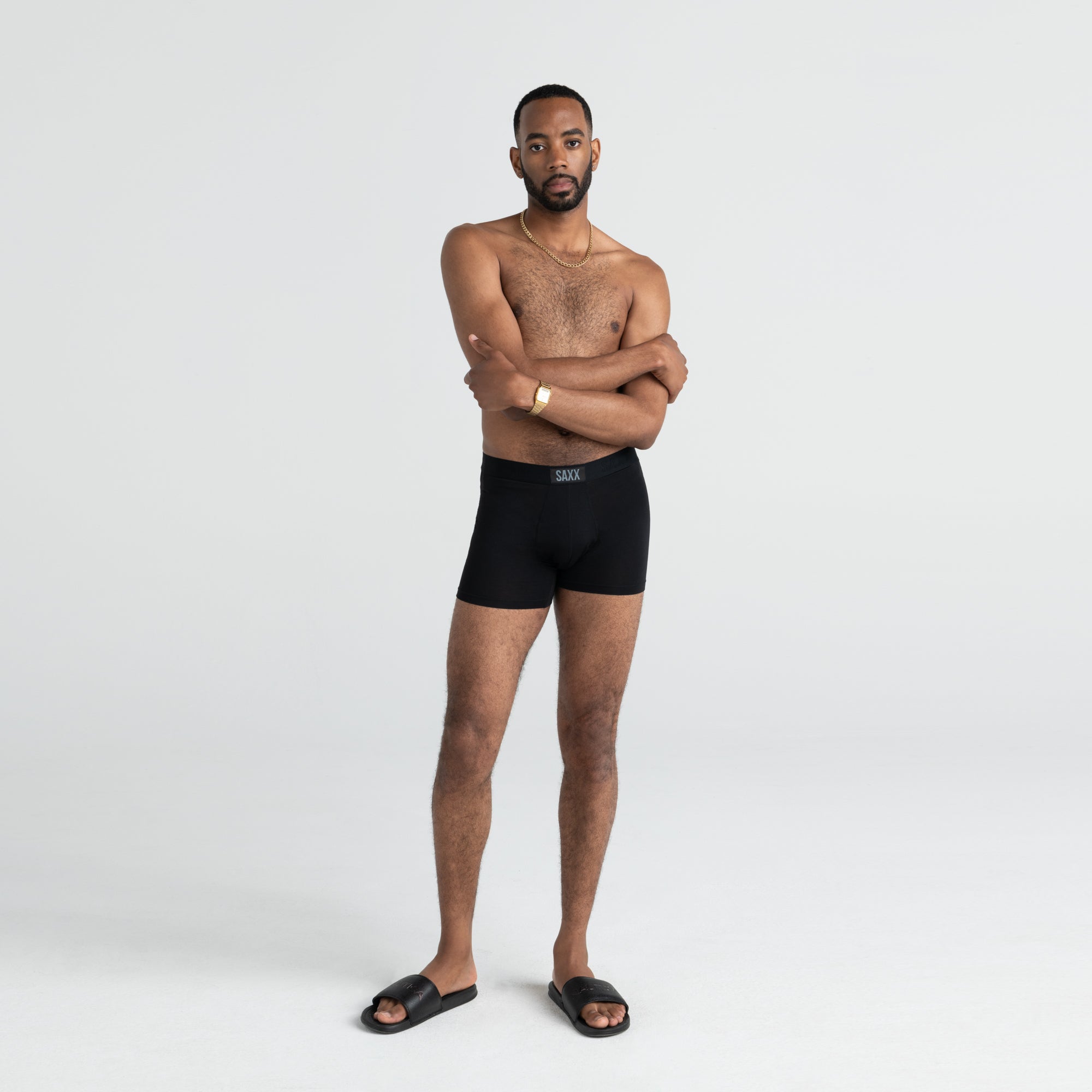 Front - Model wearing Vibe Boxer Brief in Black/Black
