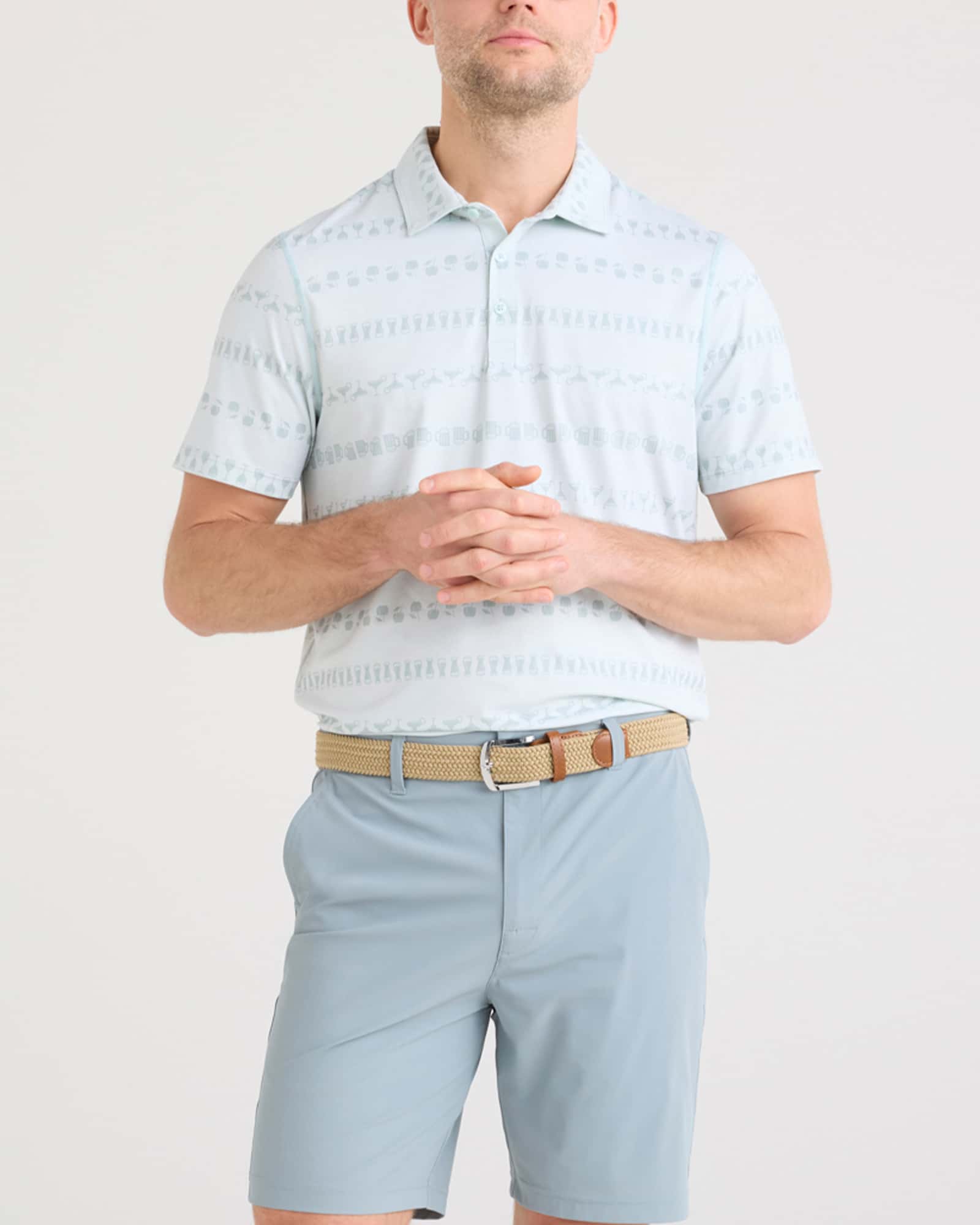 Front - Model wearing Droptemp All Day Cooling Polo in Happy Hour Stripe-Light Blue
