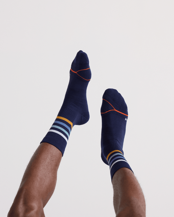 Back - Model wearing  Good Form Crew Sock in Blue Bold Stripe