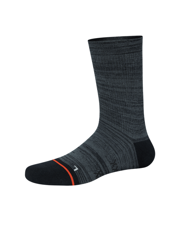 Front of  Good Form Crew Sock in Black/Grey Stripe