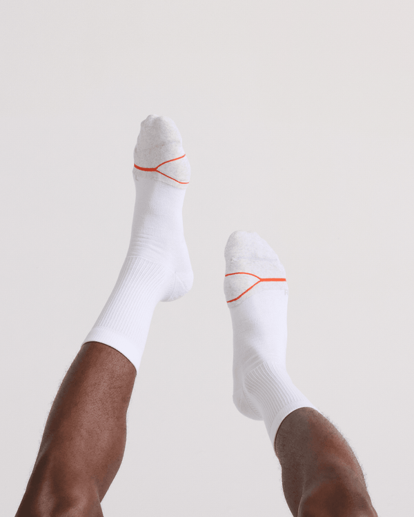 Back - Model wearing  Good Form Crew Sock in White