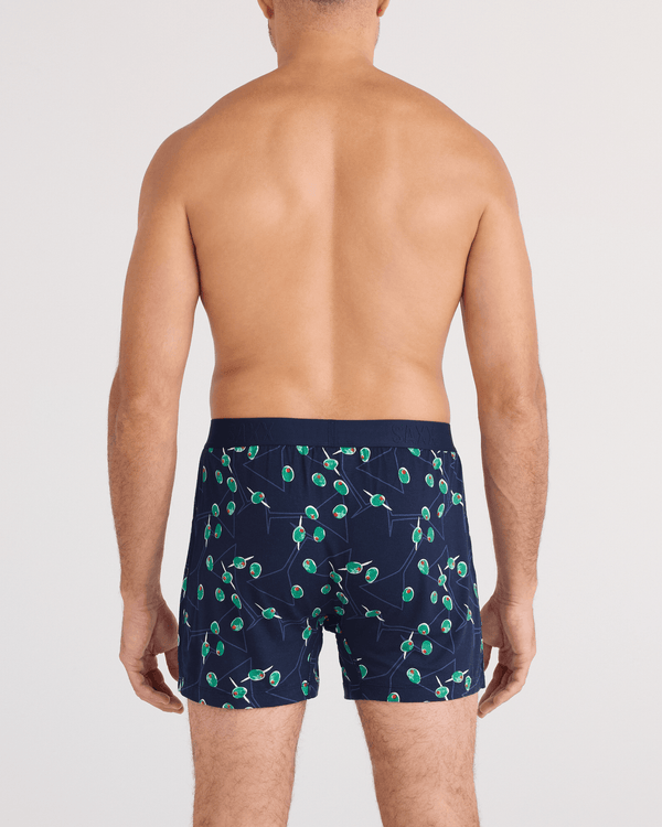 Back - Model wearing  Snooze Sleep Boxer Short in Olive You-Maritime