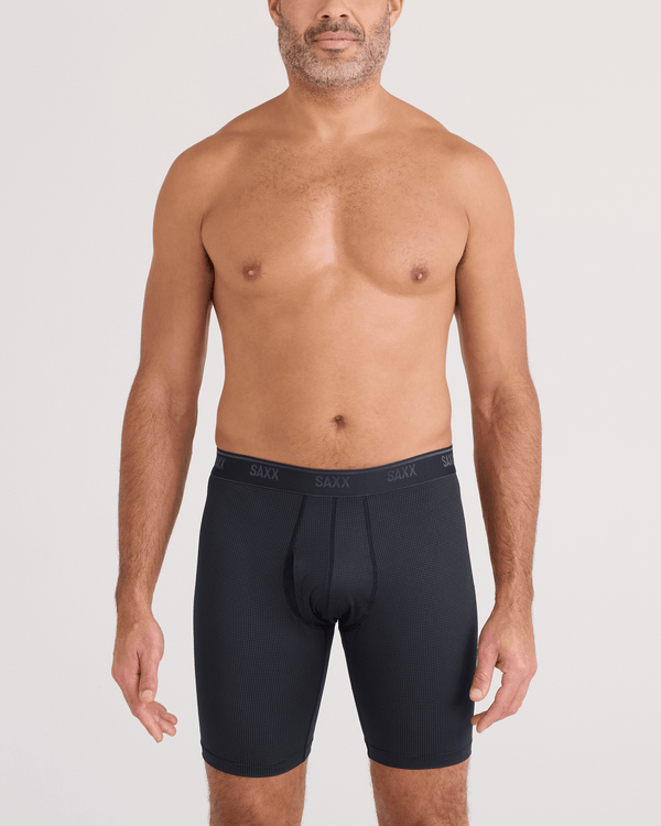 Front - Model wearing  Quest Quick-Dry Mesh Long Boxer Brief Fly 3 Pack in Black