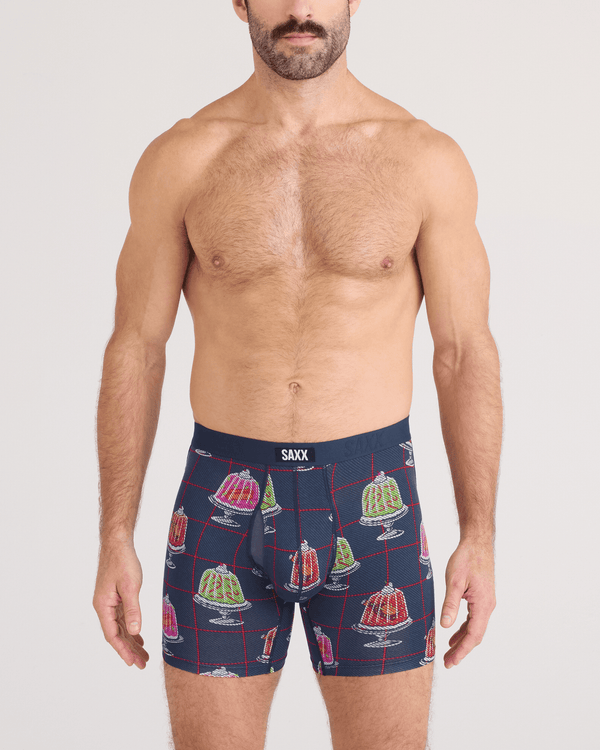 Front - Model wearing  Vibe Xtra Soft Comfort Boxer Brief Fly 2 Pack in Jiggle Bells/Red Waistband