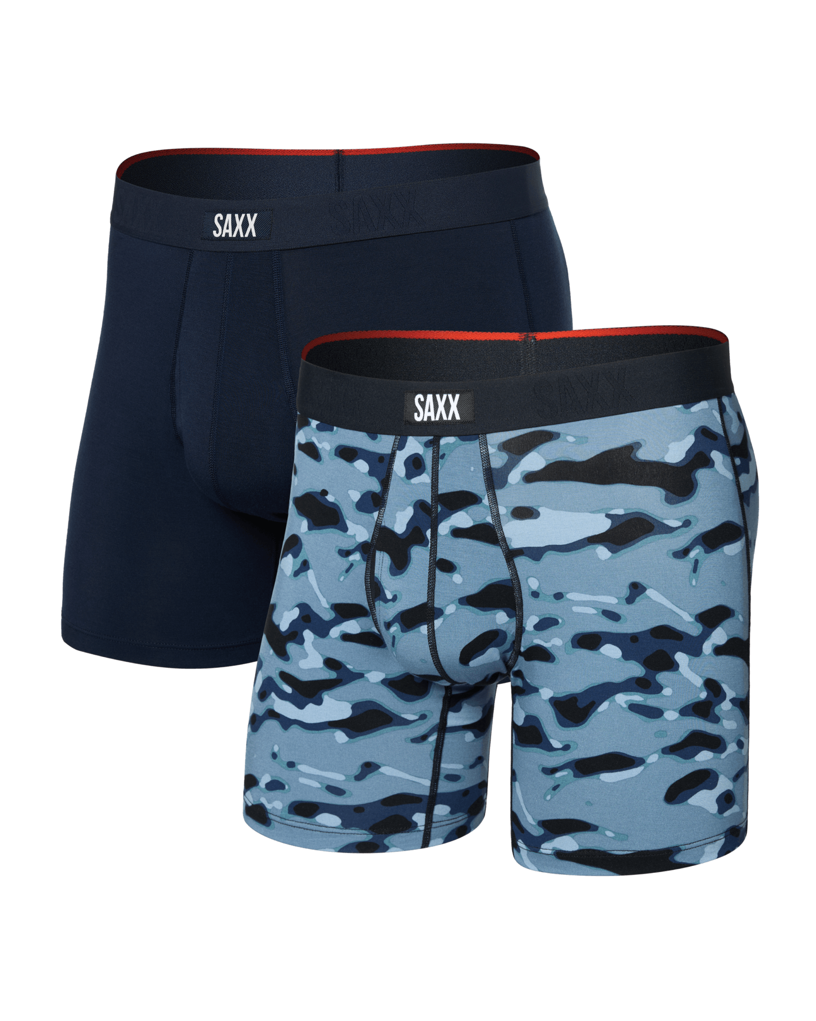 Front of  Vibe Xtra Soft Comfort Boxer Brief Fly 2 Pack in Pond Camo/Navy