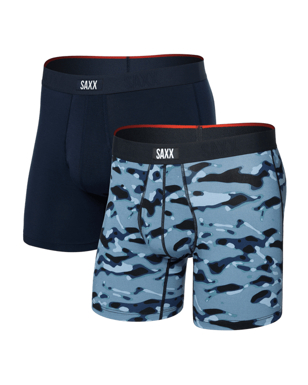 Front of  Vibe Xtra Soft Comfort Boxer Brief Fly 2 Pack in Pond Camo/Navy