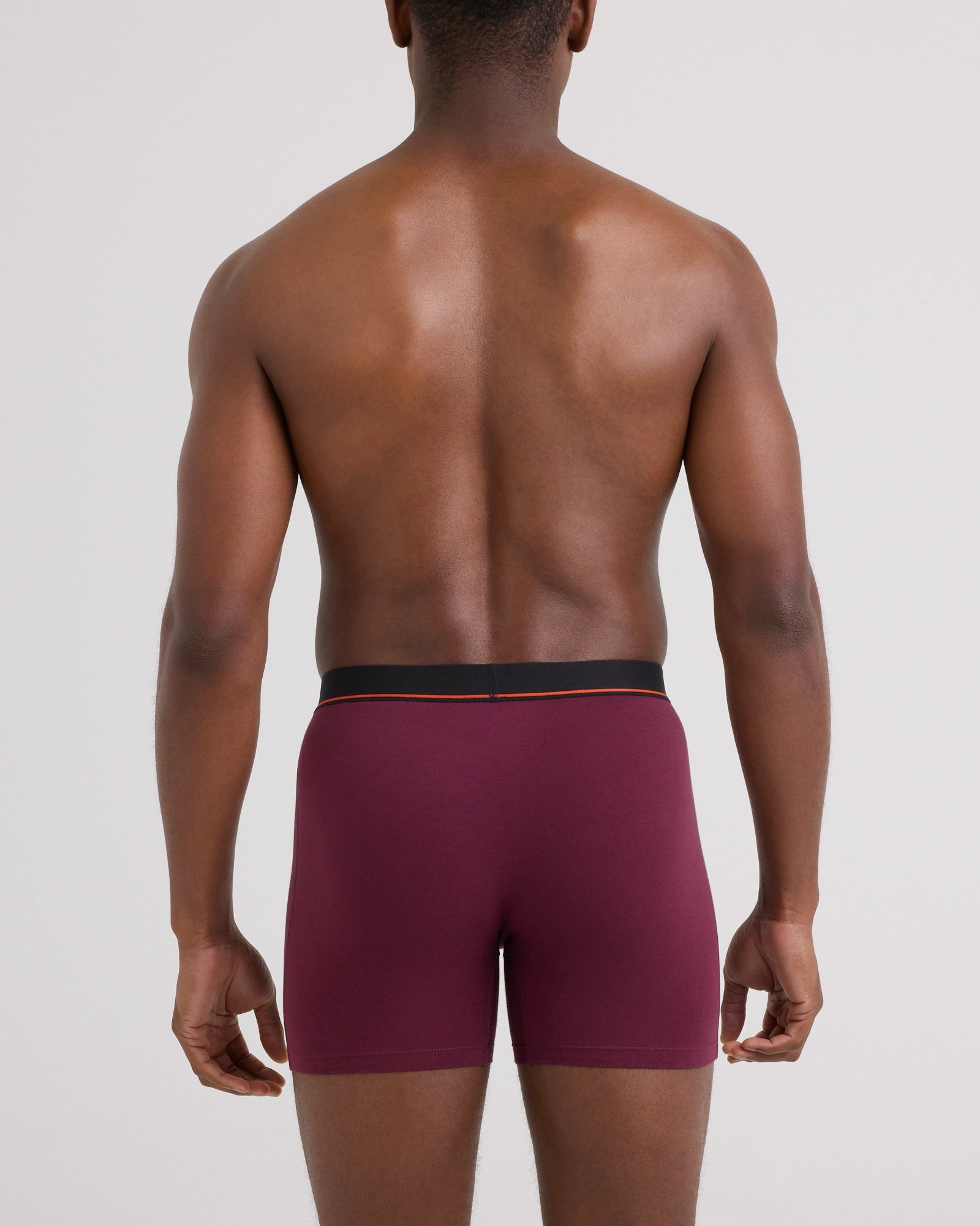 Back - Model wearing Non-Stop Stretch Cotton Boxer Brief 3 Pack in Maroon/Storm Blue/Ashley Blue
