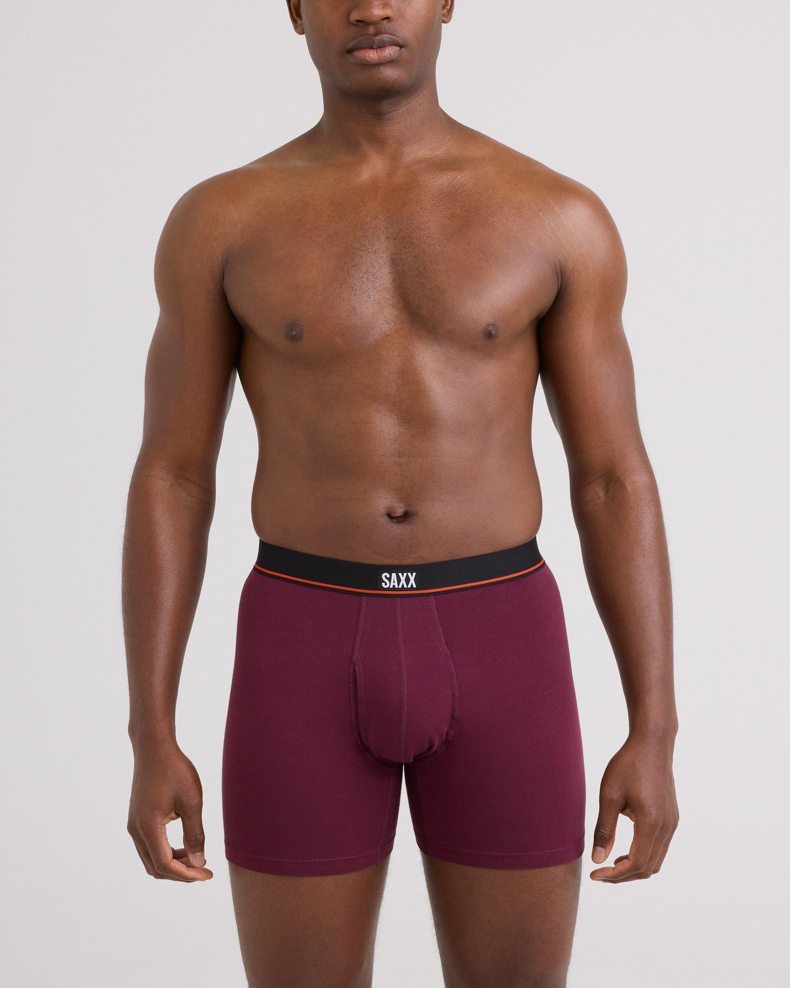 Front - Model wearing Non-Stop Stretch Cotton Boxer Brief 3 Pack in Maroon/Storm Blue/Ashley Blue