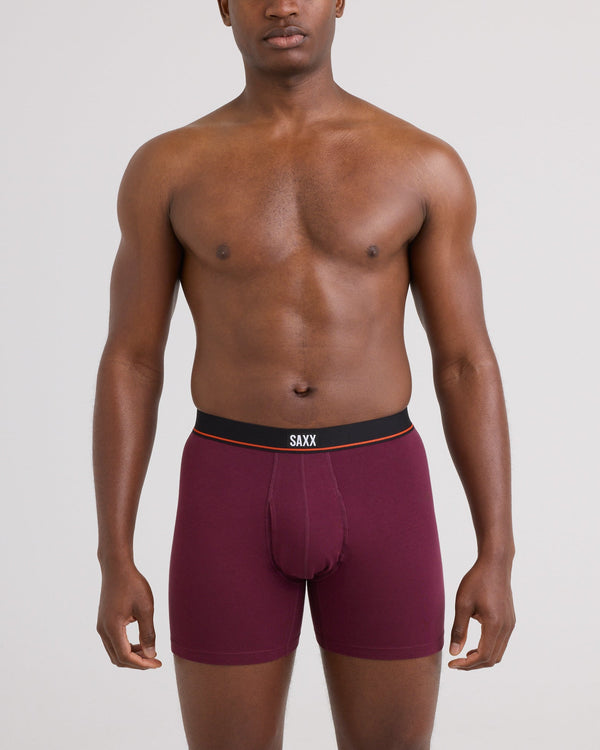 Front - Model wearing Non-Stop Stretch Cotton Boxer Brief 3 Pack in Maroon/Storm Blue/Ashley Blue
