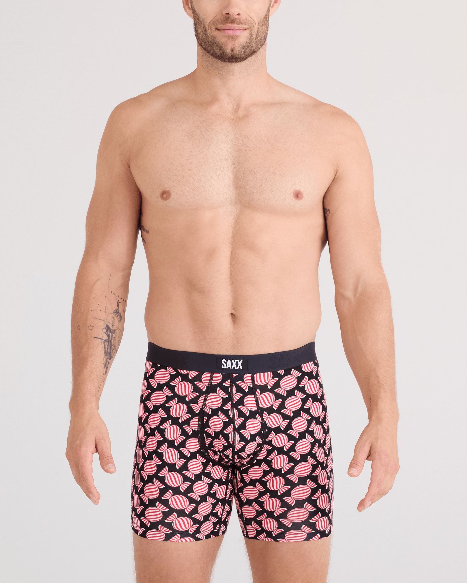 Front - Model wearing  Vibe Xtra Soft Comfort Boxer Brief Fly 3 Pack in Sweet Stripe/Check Waistband/Black