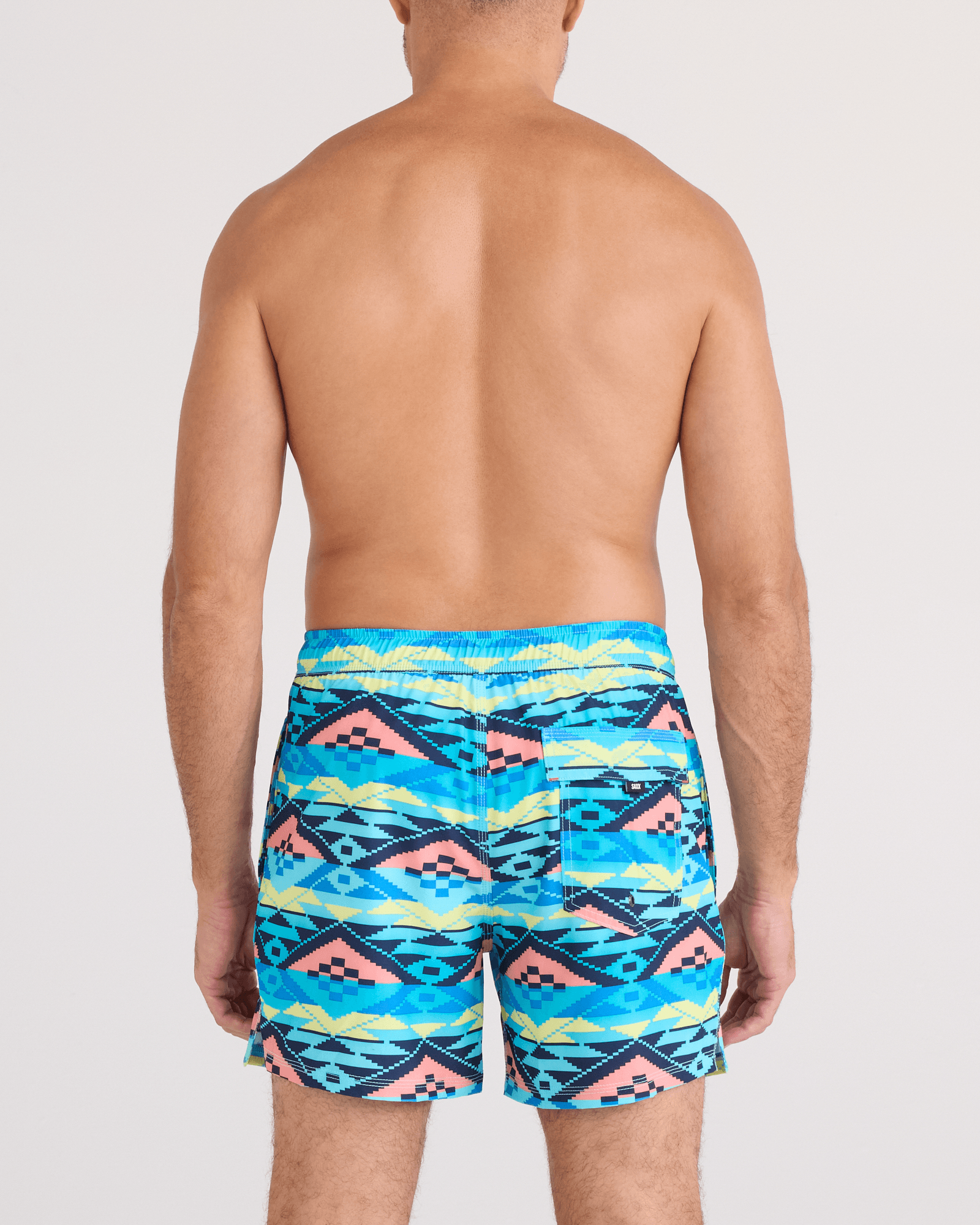 Back - Model wearing  Oh Buoy 2N1 Swim Trunk 5" in Geo Gradient-Aqua
