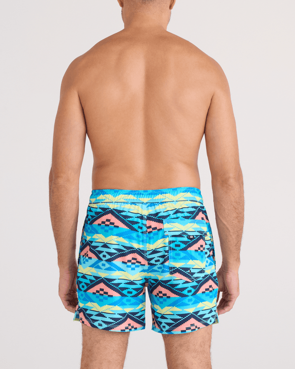 Back - Model wearing  Oh Buoy 2N1 Swim Trunk 5" in Geo Gradient-Aqua