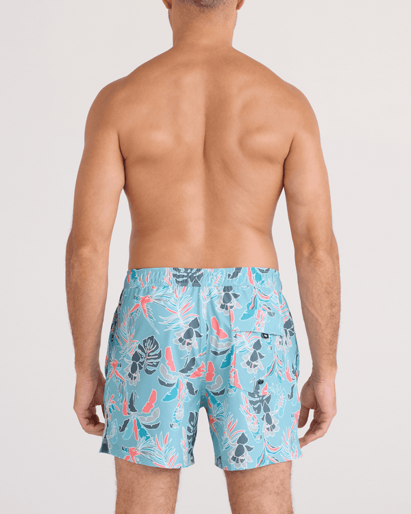 Back - Model wearing  Oh Buoy 2N1 Swim Trunk 5" in Island Tropics-Blue Tide