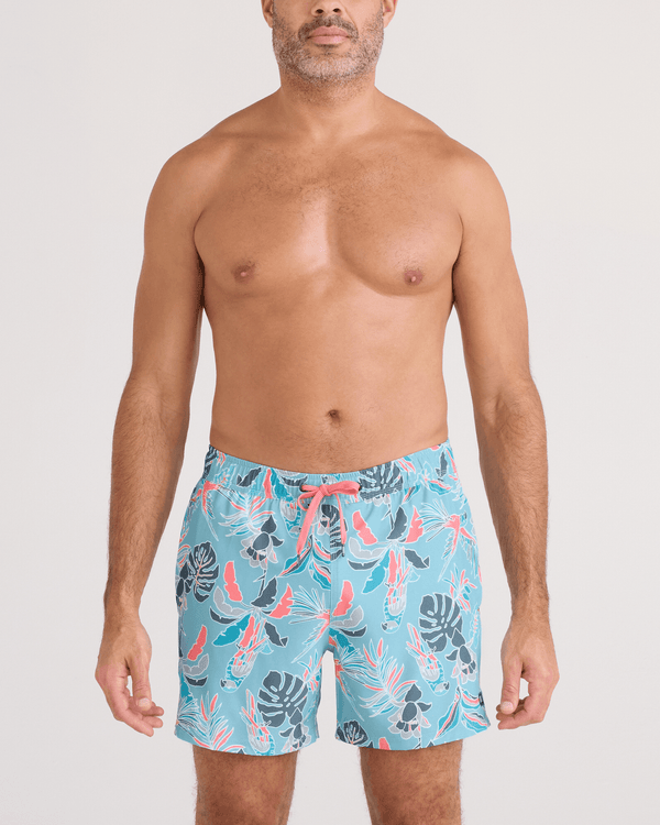 Front - Model wearing  Oh Buoy 2N1 Swim Trunk 5" in Island Tropics-Blue Tide