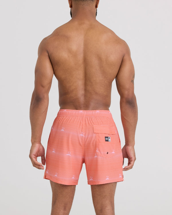 Back - Model wearing Oh Buoy 2N1 Volley 5" in Island Stripe-Canteloupe