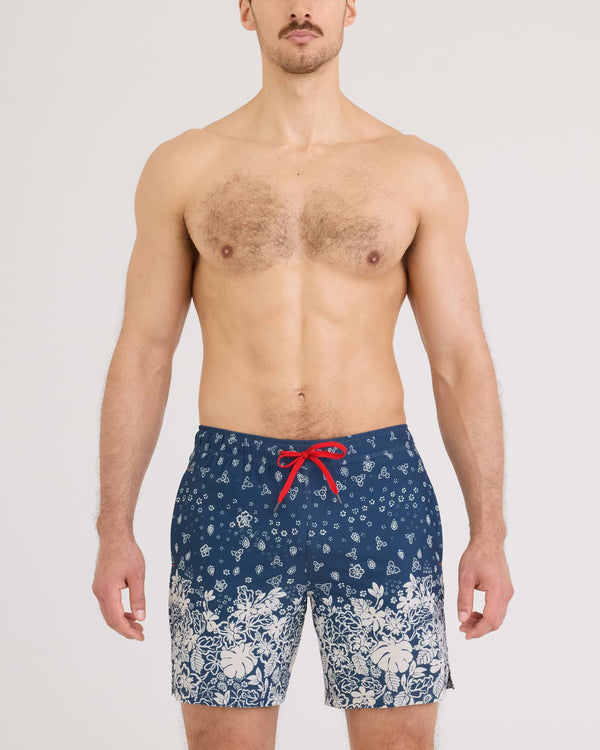 Front - Model wearing Oh Buoy 2N1 Volley 7" in Bandana Tropic-Indigo
