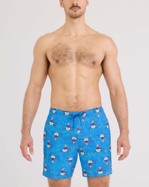 Front - Model wearing Oh Buoy 2N1 Volley 7" in I Want You-Racer Blue