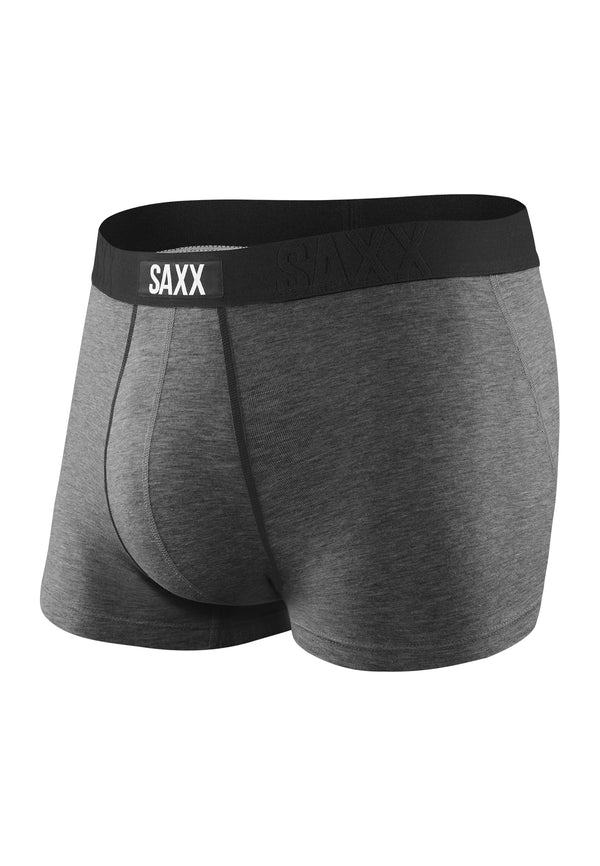 Gray boxer briefs with black waistband featuring 'SAXX' branding on a white background.