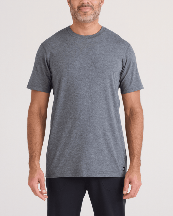 Front - Model wearing  DropTemp Cooling Cotton Tee in Turbulence Heather