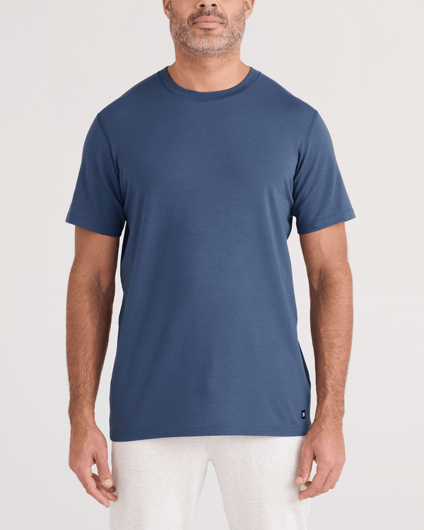 Front - Model wearing  DropTemp Cooling Cotton Tee in Washed Indigo