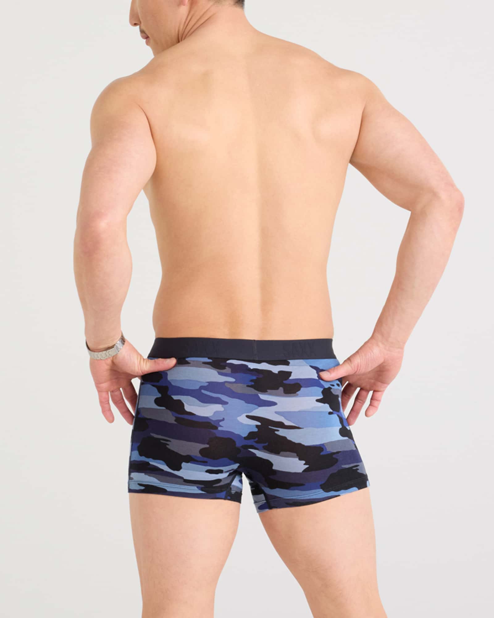 Back - Model wearing Vibe Xtra Trunk Fly in Cloudbank Camo-Navy