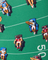 Pixelated football players on a green field with yard lines