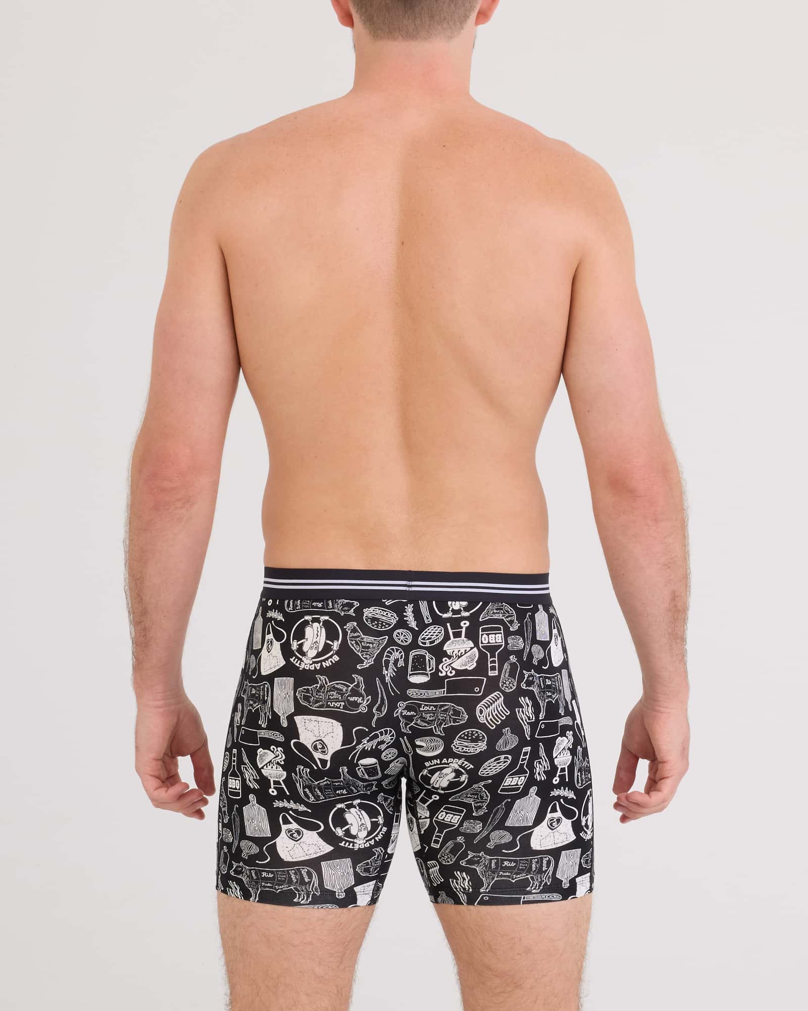 Back - Model wearing Vibe Xtra Soft Comfort Boxer Brief Fly in Bun Appetit-Black