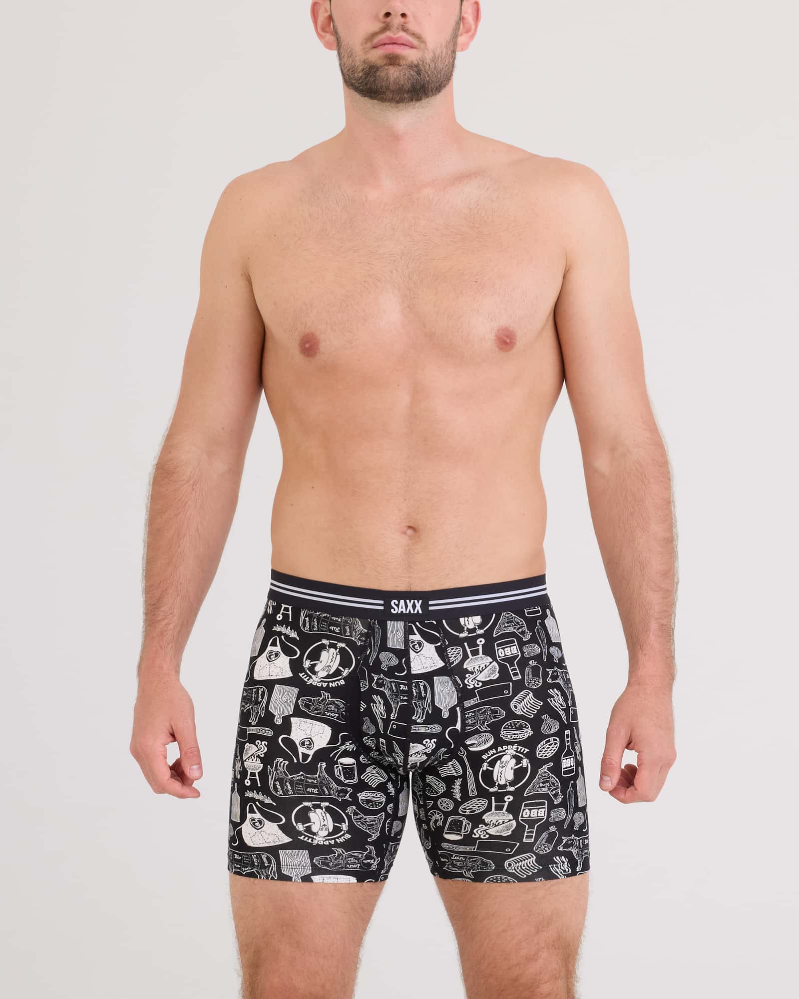 Front - Model wearing Vibe Xtra Soft Comfort Boxer Brief Fly in Bun Appetit-Black