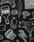 Black and white illustration pattern on a black background featuring food items and a cow.