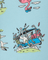 Cartoon scene with a flamingo, golf cart, and golf clubs on a light blue background